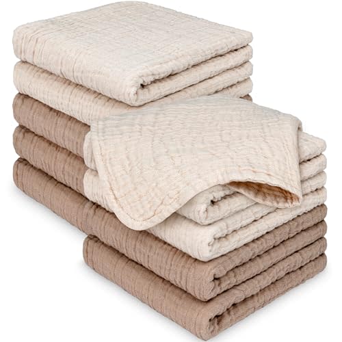 10pk Muslin Baby Washcloths for Newborn, 12x12 Soft Absorbent (Ecru) | Organic Cotton Muslin Wash Cloths for Babies Girl, Boy, Infant, Toddlers, Kids Face Towel,Bath Essentials,Baby Burp Rags