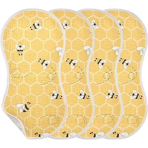 Cute Bee On Honey Yellow Honeycomb Muslin Burp Cloths for Baby 4 Pack 100% Cotton Baby Washcloths Bibs for Boy Girl