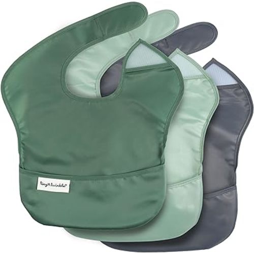 Tiny Twinkle Mess Proof Baby Bibs for Eating - Waterproof, Wipeable Bibs - Toddler Bibs - Travel Friendly - PFAS, PVC, BPA, Phthalate Free - Baby Food Bibs(3 Pack,Olive. Slate)