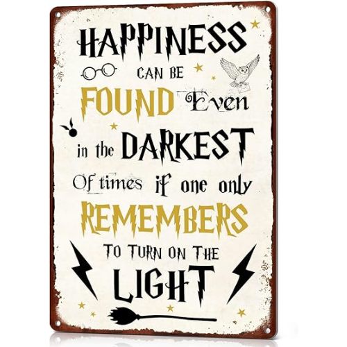 Happiness Can Be Found Even In The Darkest Metal Signs, Vintage Magic Sign for Movie Wizard Theme Lovers Office Decor Motivational Room Wall Decor, 12x8 Inches
