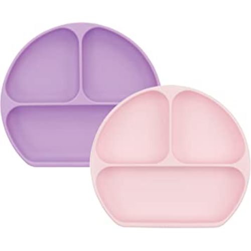 Bumkins Toddler and Baby Suction Plate, Silicone Divided Grip Dish for Babies and Kids, Baby Led Weaning, Children Feeding Supplies, Non Skid Bottom, Platinum Silicone, 6 Months Up, Lavender and Pink