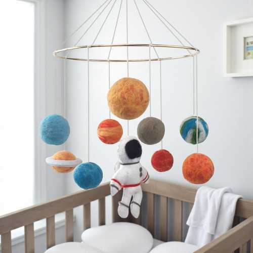 Solar System Mobile Crib: Outer Space Needle Felted Nursery with Planets & Astronaut, Spaceman Galaxy Hanging Decor for Baby Boy