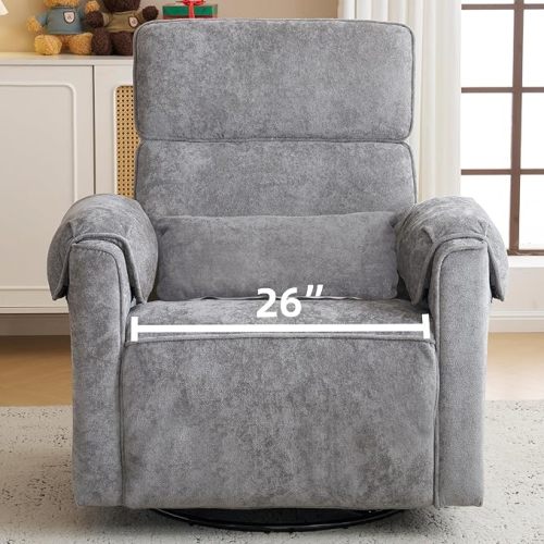 Oversized Power Recliner Chair, 26" Extra Wide Swivel Rocker Recliner with Adjustable Headrest, Chenille Glider Rocking Nursery Chair with Overstuffed Armrest, USB Ports, Grey