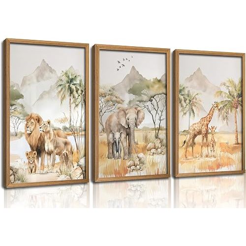 Safari Animals Nursery Wall Art Woodland Animals Nursery Wall Decor Cute Giraffe Elephant Lion Picture Painting Tropical Savanna Poster Print Artwork for Baby Room Boy Room Kids Room Decoration