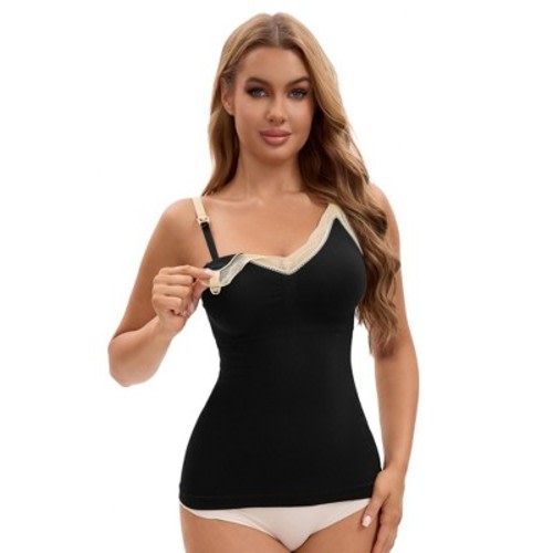 INSPIRE CHIC Women's Lace V Neck Pregnancy Cami with Built-In Bra Maternity Nursing Tank Top for Breastfeeding Small Black
