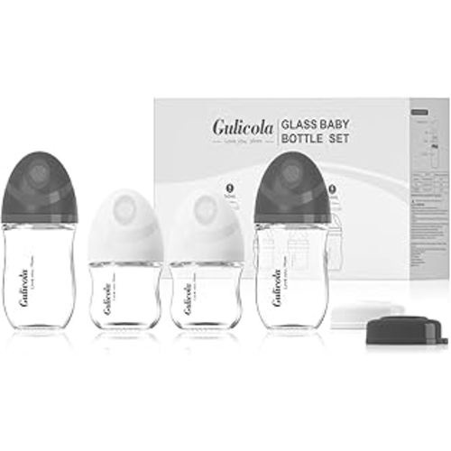Gulicola Natural Glass Baby Bottles Set 4 Pack, Newborn Boy Breastfeeding Bottles with Slow Flow Nipples, 0 Months+, 3 oz & 5 oz - Black/White