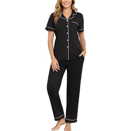 Veseacky 100% Cotton Pajamas for Women Set Short Sleeve Button Down Sleepwear Soft 2 Piece Summer Pjs Lounge Sets S-XXL