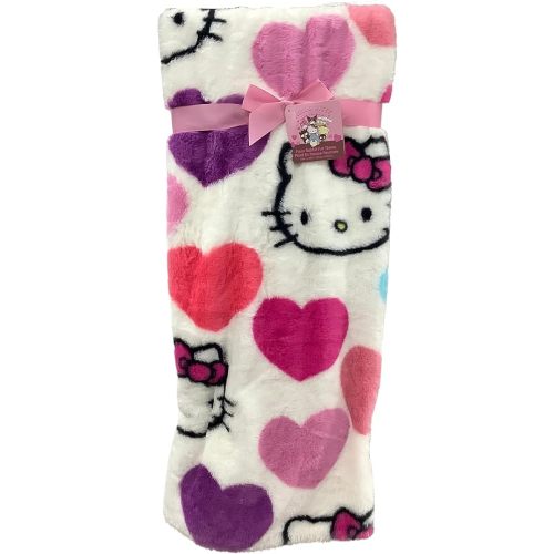 Jay Franco & Sons, Inc. Hello Kitty Blankets and Throws (White - Faux Rabbit Fur Multicolor Hearts, Throw - 50x70)
