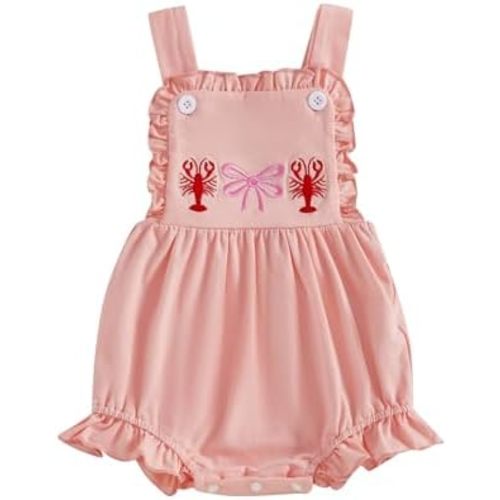 Smocked Baby Girl Clothes Crawfish Bow Embroidery Ruffle Sunsuit Shrimp Sleeveless Romper Bodysuit Cute Summer Outfit