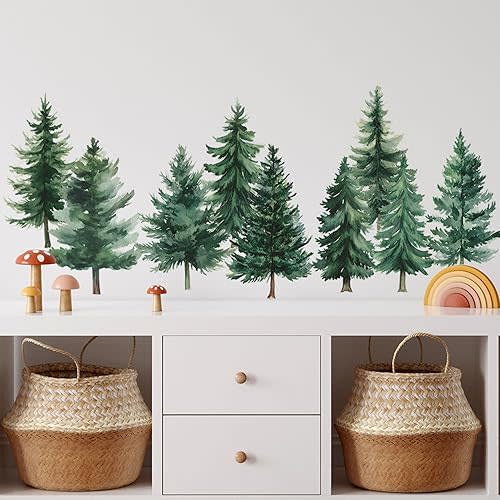 Large Woodland Nursery Decor Watercolor Pine Tree Wall Stickers Nursery Wall Decor Tree Wall Decals for Kids Room Wall Decals Peel and Stick for Living Room 44.1x43.3 Inch