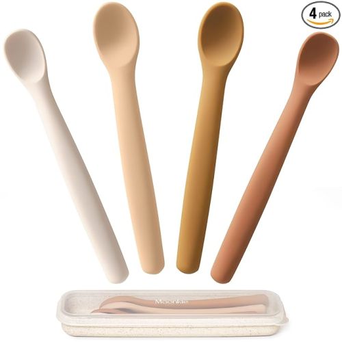 Moonkie Silicone Baby Spoons Set of 4, Two Sizes Feeding Spoon for First Stage 4+ Months, Baby Utensils with Case, Toddler Led Weaning Spoons, Bendable, Chewproof & Boil-proof