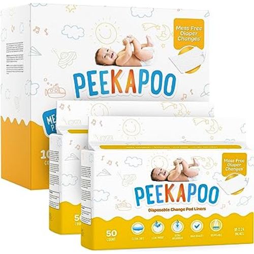 Peekapoo - Disposable Changing Pad Liners (100 Pack) Super Soft, Ultra Absorbent & Waterproof - Covers Any Surface for Mess Free Baby Diaper Changes