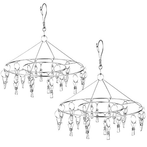 CenYouful 2 Pack Stainless Steel Round Hanging Drying Rack with 20 Clips for Drying Socks, Baby Clothes, Bras, Towel, Underwear, Hat, Scarf, Pants, Gloves