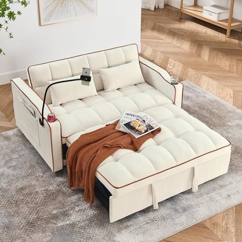 3 in 1 Sleeper Sofa Couch Bed,Velvet Convertible Loveseat Sleeper Sofa Bed,Pull Out Sofa Bed With USB Port & Ashtray and Swivel Phone Stand & Storage Pockets,Modern Sleeper Sofa for Living Room,Beige