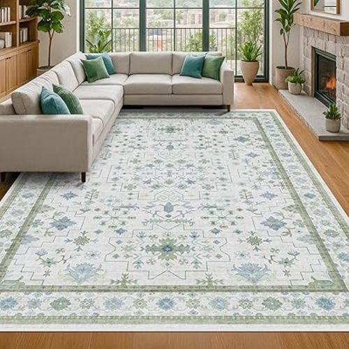 Blue and Green Living Room Rug 8x10 - Cream Oushak Vintage Boho Floral Farmhouse, Washable Low Pile Non-Slip Extra Large Area Rugs for Bedroom, Girls, Boys, Playroom, Lounge