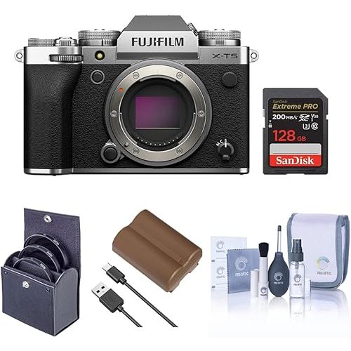 Fujifilm X-T5 Mirrorless Camera, Silver with XF 16-50mm f/2.8-4.8 R LM WR Lens, Bundle with 128GB Memory Card, NP-W235 Battery, Filter Kit, Cleaning Kit