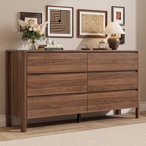 Walnut 6 Drawer Dresser for Bedroom, 55"Wide Modern Wood Dresser