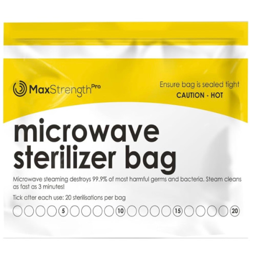 Max Strength Pro Microwave Steam Sterilizer Bags 20pc for Baby Bottles, Soothers, Teethers, Breast Pump Parts, Training Cups, Accessories, Reusable Large Bags, 20 Uses Per Bag, Easy Tracking System