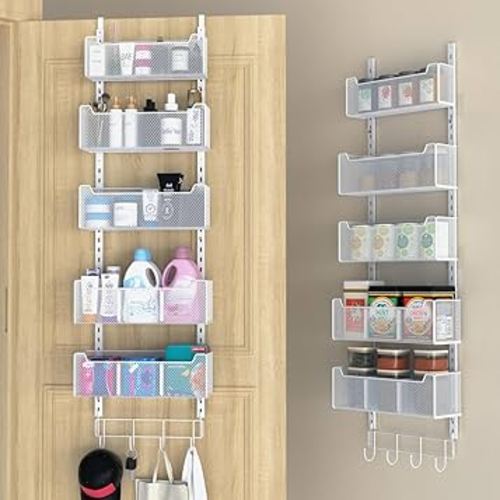 Over The Door Organizer, Metal Door Organizer Hanging with 5 Adjustable Baskets and Coat Hook, Behind The Door Storage for Bedroom Closet Bathroom Pantry Cabinet Kitchen, White