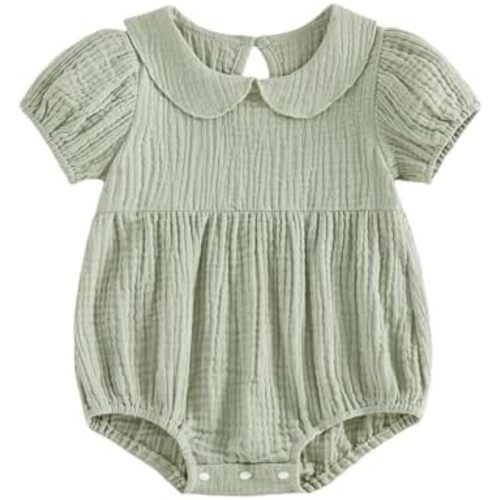 Merqwadd Baby Boy Girl Bubble Romper Solid Color Collar Bodysuit Infant Muslin Summer Clothes