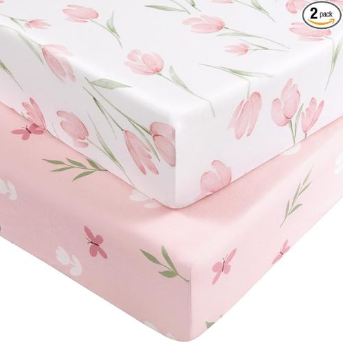 Baby Crib Sheets Girl, Fitted Crib Sheets 52" x 28", Soft Breathable Microfiber Sheets for Standard Crib and Toddler Mattress, 2-Pack Pink Tulips