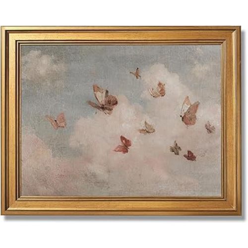 Framed Butterfly Cloud Painting Vintage Cottagecore Nursery Wall Art Whimsical Pastel Nature Canvas Print Soft Aesthetic Butterfly Illustration Poster Spring Picture for Bedroom Playroom 12x16inch