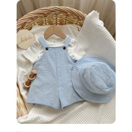 2pcs/Set Baby Boy/Girl Summer Blue & White Striped Bib Overall Shorts With Bucket Hat, Casual Outfit For Home, Vacation, Beach | SHEIN USA