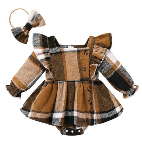 TITKKOP Newborn Baby Girl Fall Winter Clothes Plaid Long Sleeve Romper Buttons Outfit Ruffles Dress with Bow Headband