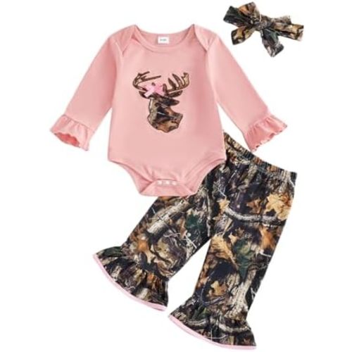 Newborn Baby Girl Hunting Clothes Deer Long Sleeve Romper Jungle Camo Flare Pants Set 3 Piece Fall Winter Outfit