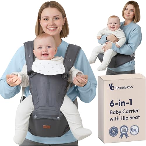BabbleRoo 6-in-1 Baby Carrier with Hip Seat, Ergonomic Newborn to Toddler Carrier 7–50 lbs, Front Back Hip Carry, Lumbar Support, Sun Hood, Safety-Certified, Gray