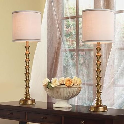 30.5" Buffet Lamps Set of 2 for Living Room, Buffet Lamps for Dining Room, Gold Lamp Set of 2 for Credenza, Modern Golden Table Lamp Tall Skinny, Gold Bamboo Candlestick Lampset for Bedroom