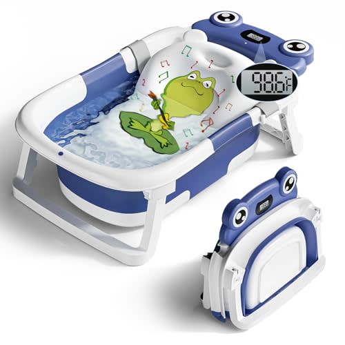 Baby Bathtub, Collapsible Newborn Bathtub for Infant to Toddler 0-24 Months with Soft Bath Net,Portable Travel Newborn Tub with No-Slip Feet, Baby Shower Gifts,Navy Blue