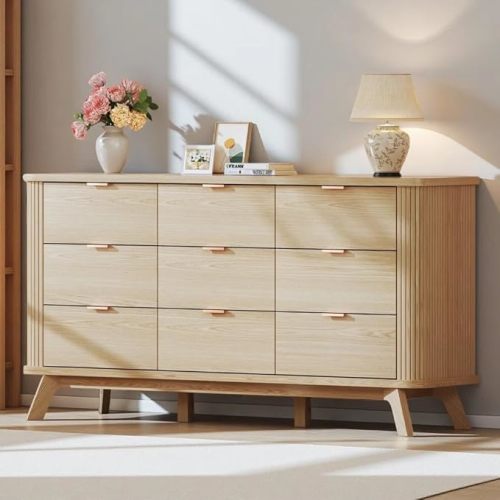 55" Wide Fluted 6 Drawers Dresser for Bedroom, Mid Century Modern Dresser & Chests of Drawers, Curved Profile Design, Dressers TV Stand, Wood Storage for Hallway, Entryway, Oak