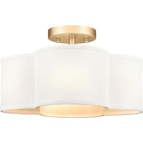 Gold Semi Flush Mount Ceiling Lights, 14" 4-Light Ceiling Light Fixtures with Fabric Shade in Quatrefoil Shape, Farmhouse Brass Drum Lighting for Kitchen Hallway Bedroom, AD-22007-4SF-GD