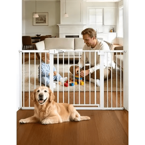 Babelio 29-55 Inch Extra Wide Baby/Dog Gate, PressGuard P7, Metal Auto Close, Pressure Mounted Pet Door for Doorways, NO Need Tools and Drilling, with Wall Cups, White