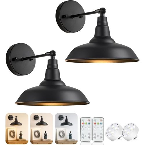 Vintage Black Battery Wall Sconces with Remote, Cordless Set of 2