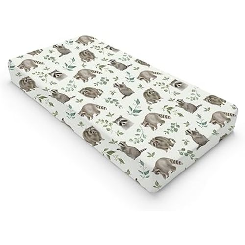 Watercolor Raccoon Retro Boho Leaves Changing Pad Cover Raccoon Green Leaves Diaper Change Table Sheets for Girl Boy Woodland Animal Soft Stretchy Snug Fitted Baby Changing Table Cover Mats 32''x16''