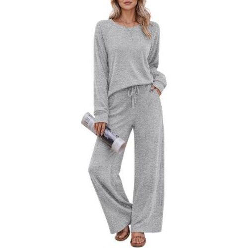 Ekouaer Pajama Sets for Women Long Sleeve Sleepwear Crew Neck Pj Lounge Set Light Grey M