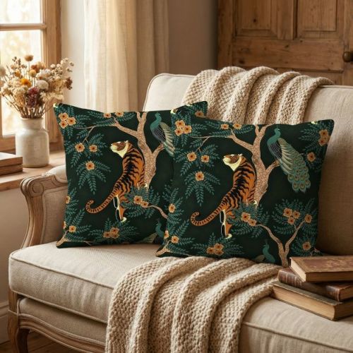 Lomsoe Tiger and Peacock Pillow Covers Sets of 2 Modern Decorative Square Throw Pillows for Home Outdoor Velvet 18"