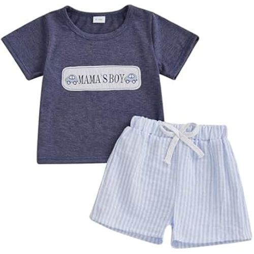 Toddler Baby Boy Summer Outfits Short Sleeve Embroidered T Shirt Tees + Striped/Plaid Shorts Infant Clothes Set