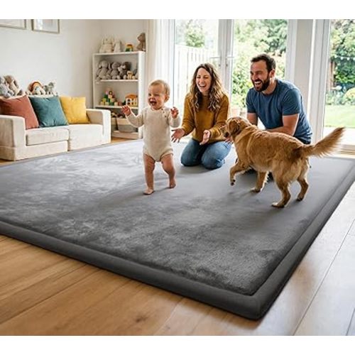 AEOCOO Baby Play Mat for Floor Cushion, 1.3" Thick Memory Foam Tummy Time Mat, Soft Velvet Non Slip, Toddlers Baby Kids Extra Large Nursery Rug for Crawling, Living Room, Tatami Style, Grey