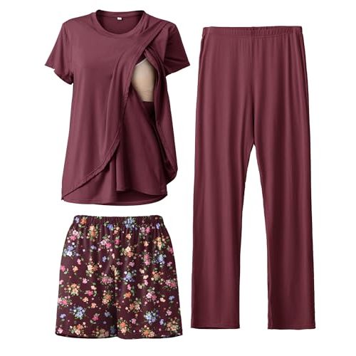 Rnxrbb 3 Piece Postpartum Nursing Pajamas Set Casual Soft Maternity Breastfeeding Pjs Sleepwear Loungewear Clothes Layer