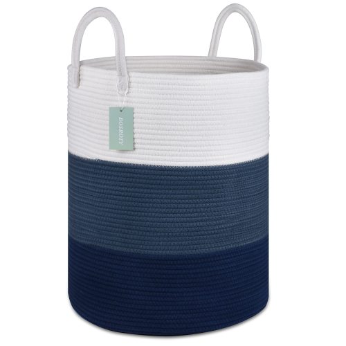 Amazon.com: BOSROTY Large Cotton Rope Laundry Hamper for Clothes 65L, White & Blue | 16”x 20”, Tall Woven Storage Basket for Nursery, Bedroom & Living Room; Stores Clothes, Blankets, Pillows, Toys & Towels