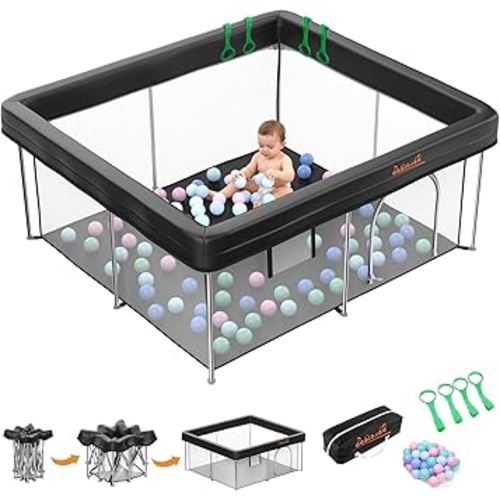 Foldable 50x50 Playpen, Portable Baby Playpen for Babies & Toddlers, Quick Fold Safety Play Yard with Balls, Pull Rings & Carry Bag, Indoor & Outdoor, Black