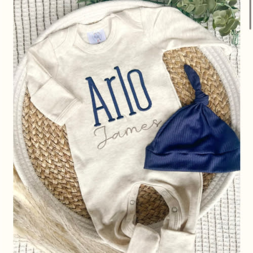 Personalized Baby Boy Outfit | Oatmeal Beige Romper Navy Blue Baby Nam – Wonderfully Made
