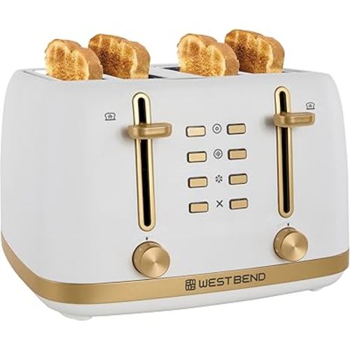 West Bend Timeless 4-Slice Toaster with 7 Browning Levels, Bagel/Waffle/Defrost Settings, High-Lift Lever, Anti-Jam, Easy-Clean Crumb Tray, 4-Slice, White/Gold