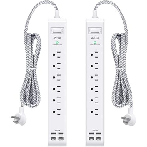 2 Pack Power Strip Surge Protector, 6 Outlets 4 USB Ports (2 USB C) 5Ft Long Extension Cords, Flat Plug Overload Protection Outlet Strip, Wall Mount for Home, Office and Dorm Essential, ETL Listed