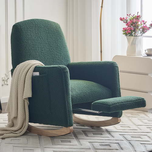 Jopath Nursery Rocking Chair,Teddy Fabric Upholstered Rocking Chair with Adjustable Footrest,Glider Rocker Chair with High Backrest for Living Room,Bedroom,Green