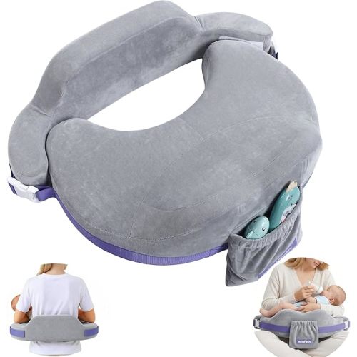 MOMFANN Nursing Pillow for Breastfeeding, 60D Firm Memory Foam, Ergonomic Lumbar Support & Safety Fence, Wider Cushion for Back Pain Relief, Adjustable Strap, Removable Machine Washable Cover -Gray