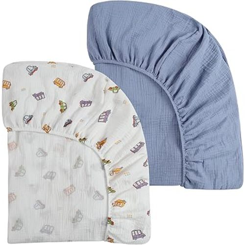 Muslin Crib Sheets for Boys Girls, Soft Breathable 100% Cotton Baby Fitted Sheet 52" x 28" for Standard Toddler Crib Mattress, 2 Pack, Car and Solid Blue